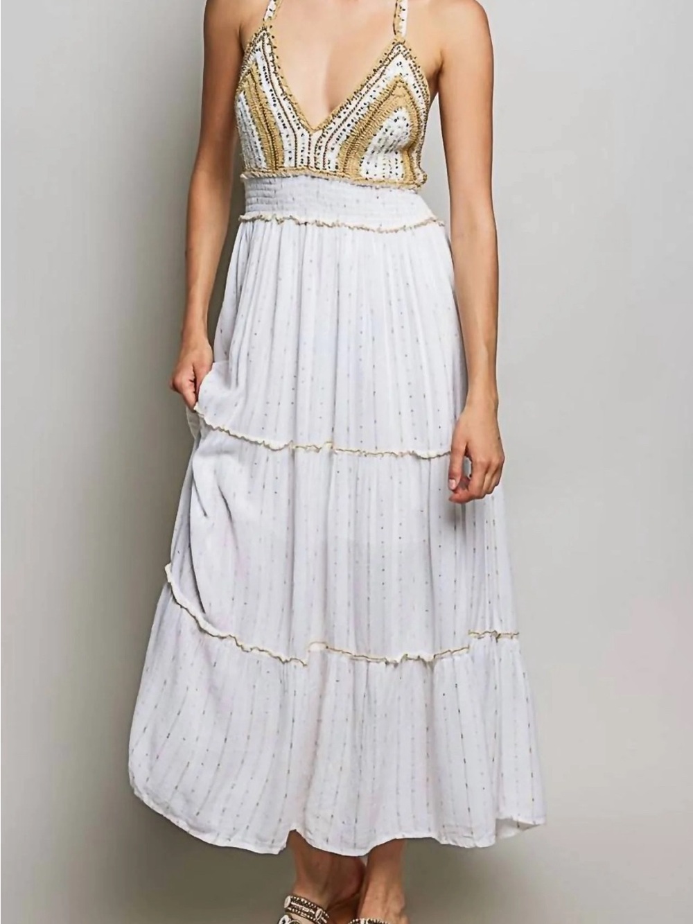 Pol - Corfu Crochet Sequin Metallic Halter Maxi Dress